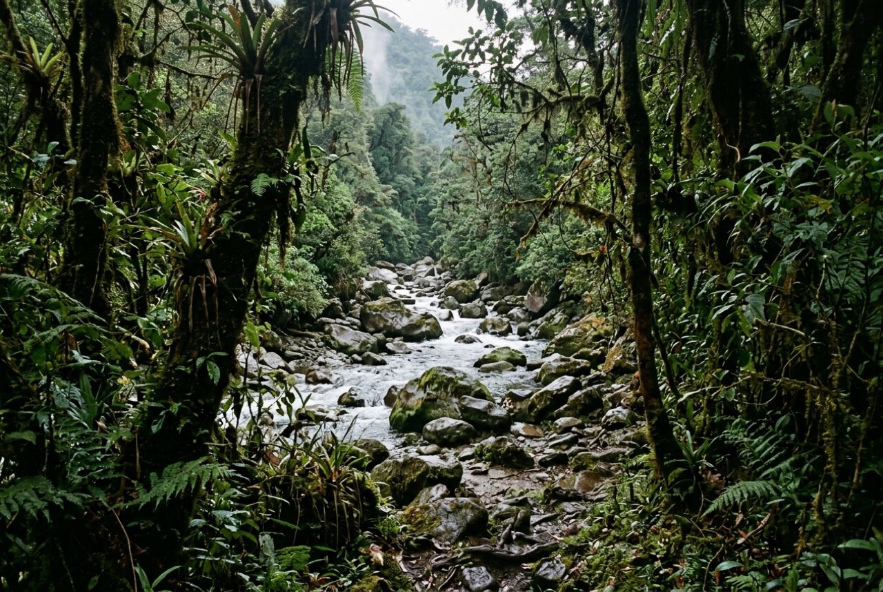 A gap in dense wet montane forest opening onto a rocky river running through boulders, deep green shade, heavy moisture