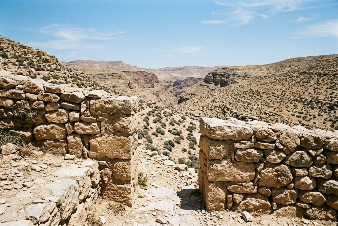 A stone terrace wall with a gap in it above a Jordanian wadi, bare rock and small grey shrubs beyond, strong midday sun