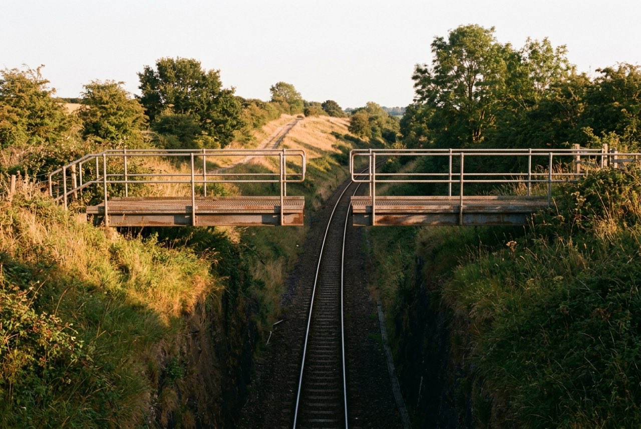 A footbridge over a railway cutting with the line running away between grass banks beneath, low sun, no trains