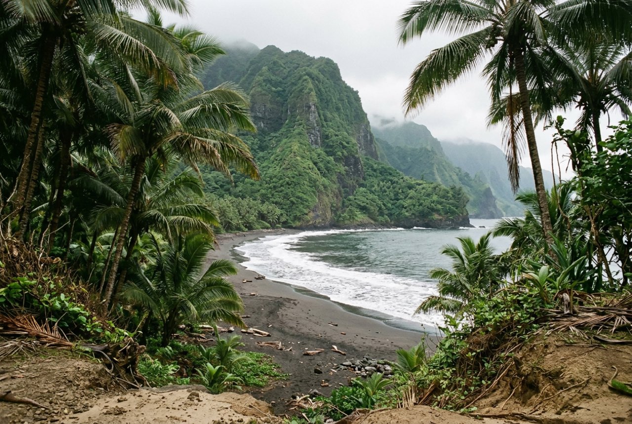 A gap in coconut palms opening onto a black sand bay with sheer green walls rising behind it, wet tropical light