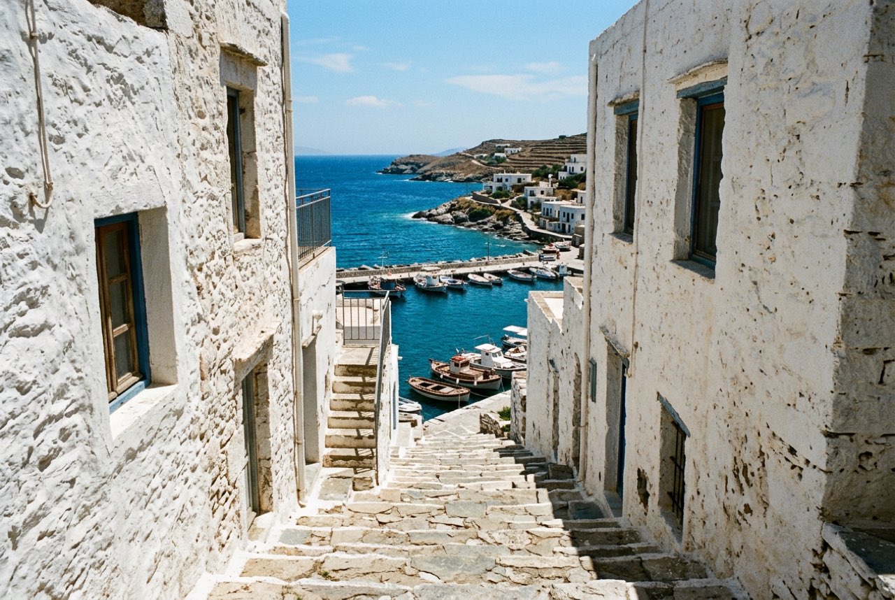 A gap between two whitewashed buildings opening onto a steep flight of steps down to a blue harbour, hard midday light