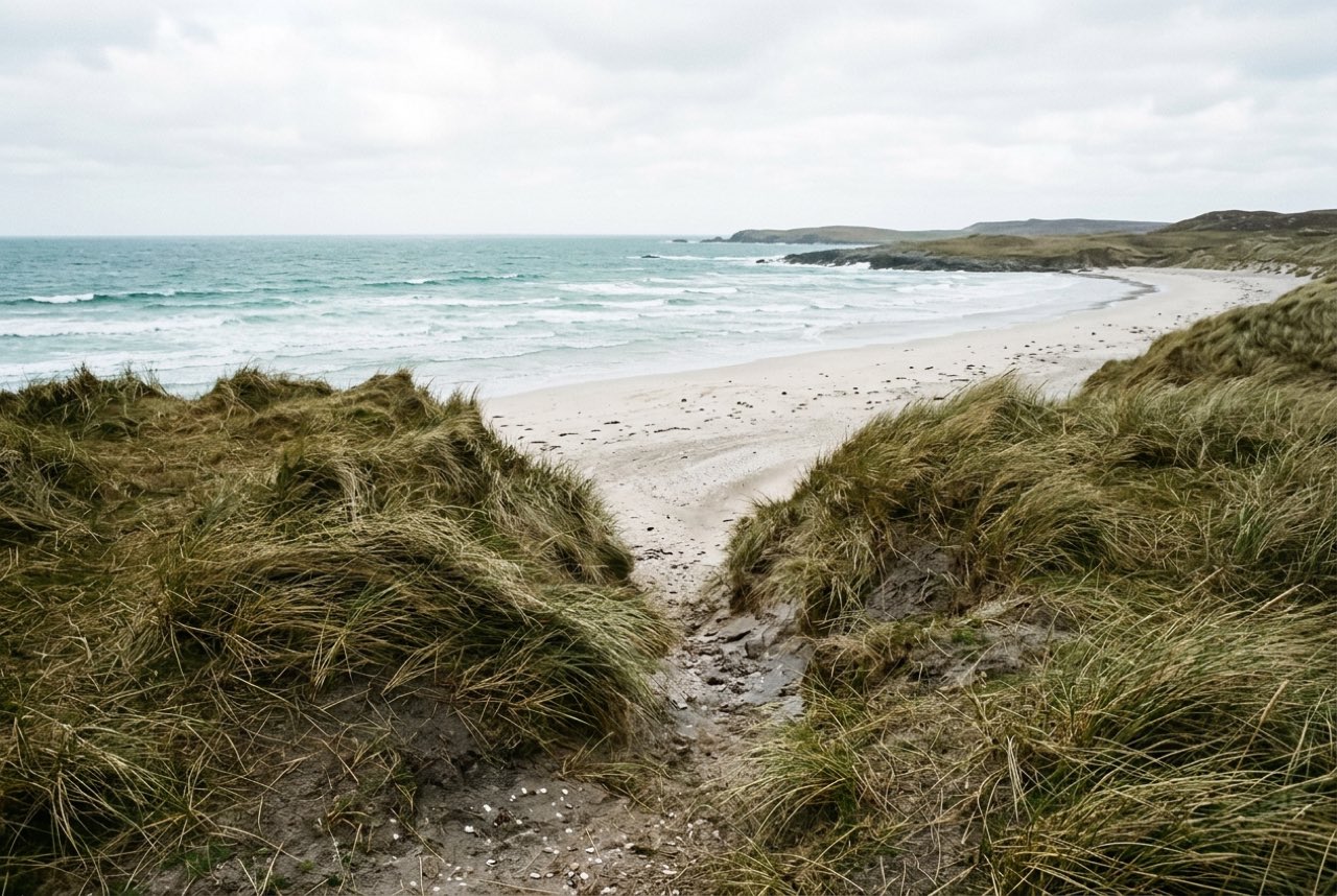 A gap in a machair dune opening onto a white shell beach and pale green Atlantic water, wind flattened grass