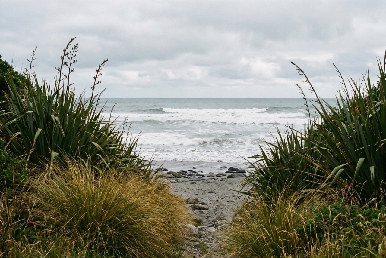 A break in flax and tussock opening onto a wide grey southern bay with heavy surf, low cloud