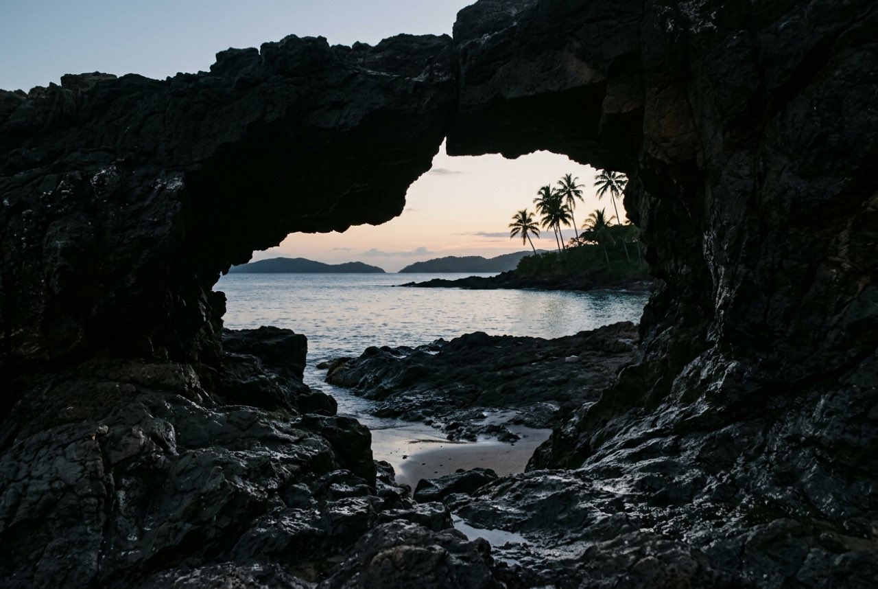 A cleft in a black rock headland opening onto a calm island sea at dusk, palms in silhouette