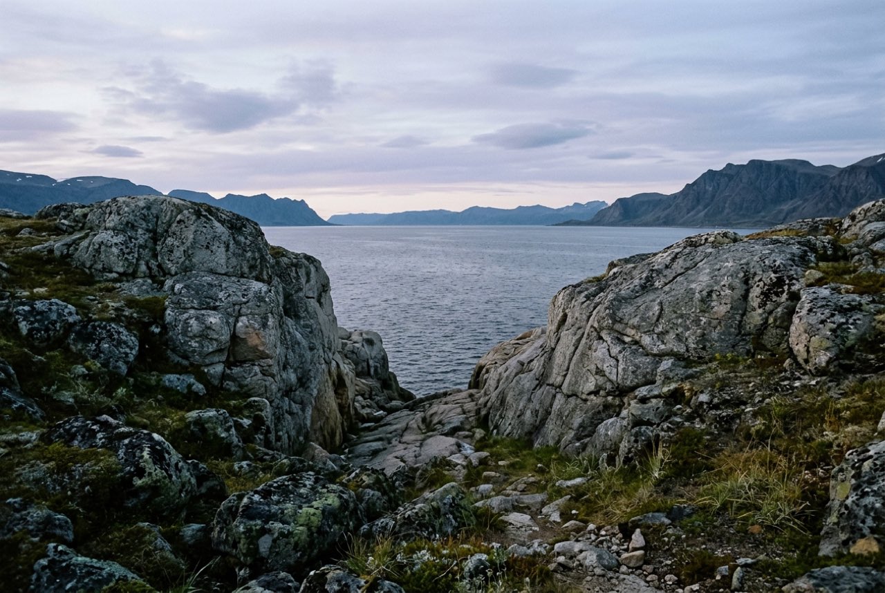 A gap between two granite outcrops opening onto a wide northern sound under midnight light