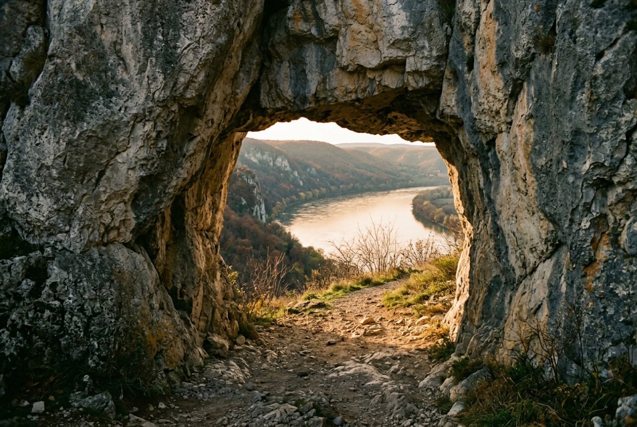 A narrow side valley opening onto the great river between limestone walls, low autumn sun