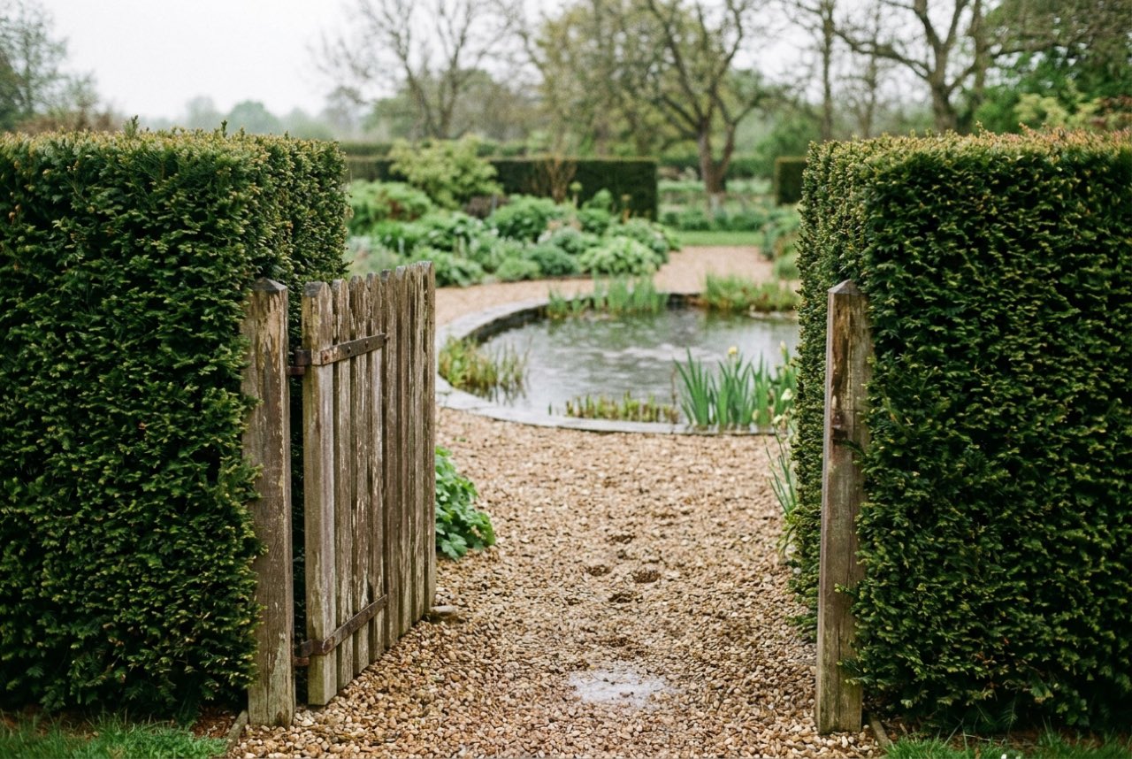 A wooden gate in a clipped hedge opening onto a raked gravel garden and a pond, soft rain light