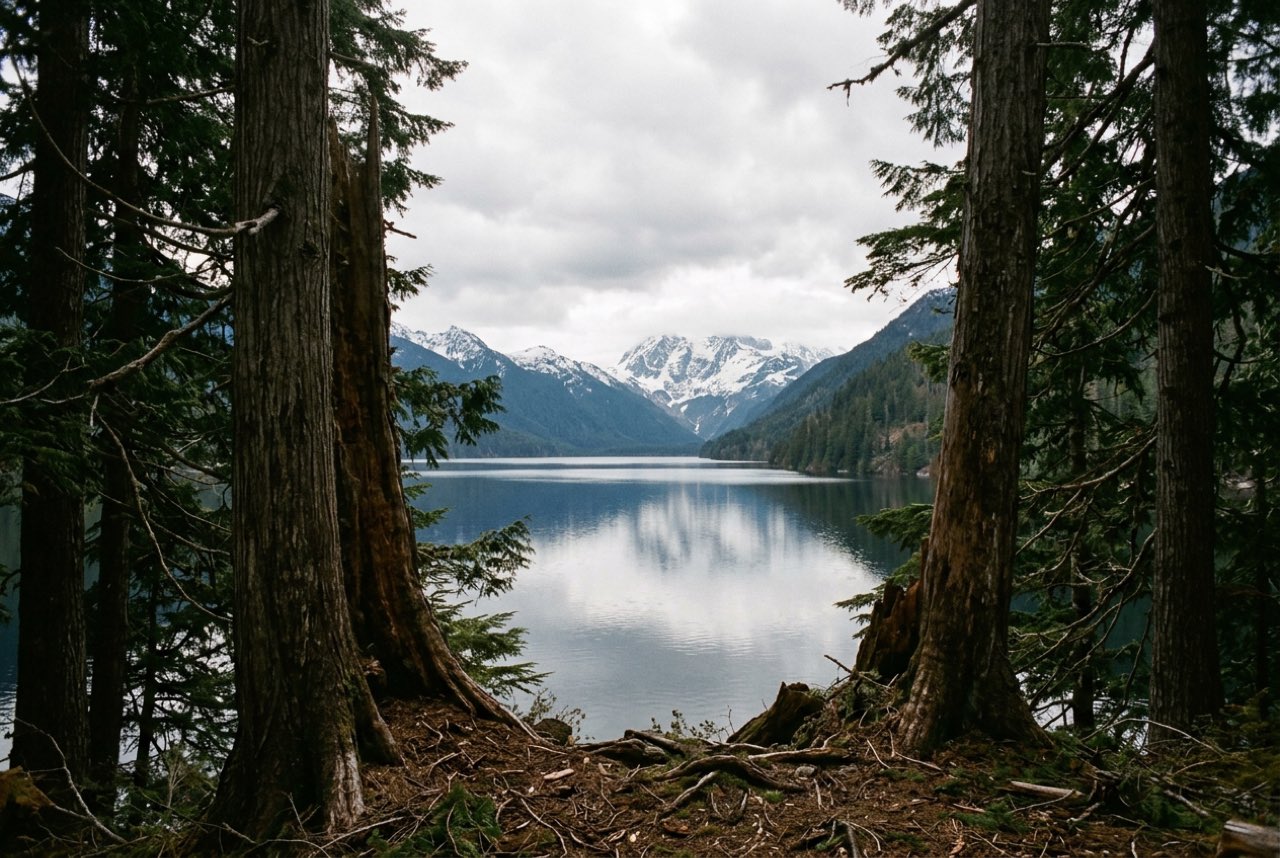 A break in tall cedars opening onto a long mountain lake with snow on the far peaks, morning cloud