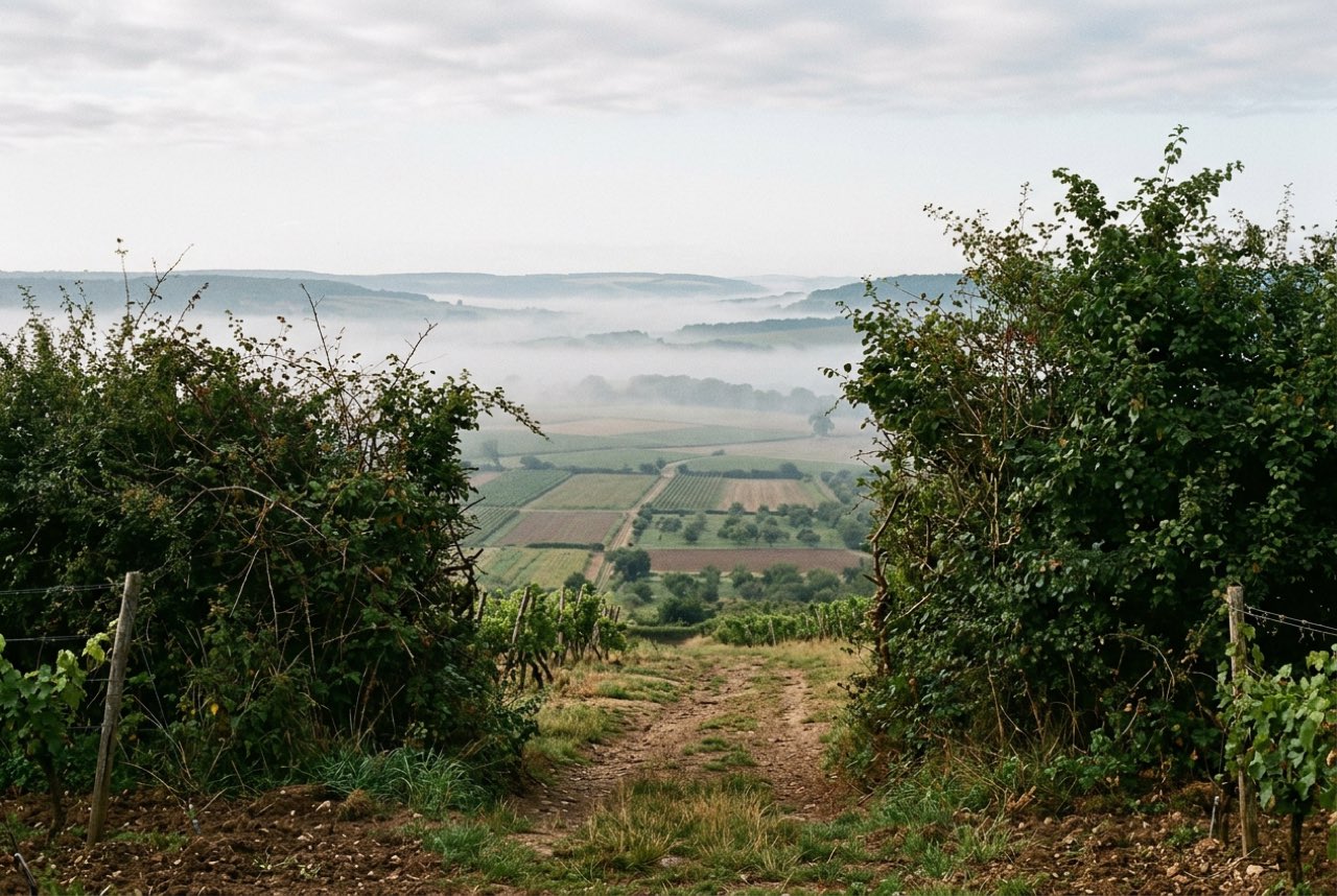 A break in a hedge on a vineyard ridge opening onto a valley of small fields and orchards, morning mist