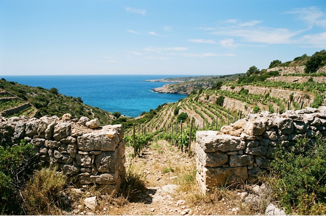 A break in a low stone wall opening onto terraced vines dropping to a blue bay, hard noon light