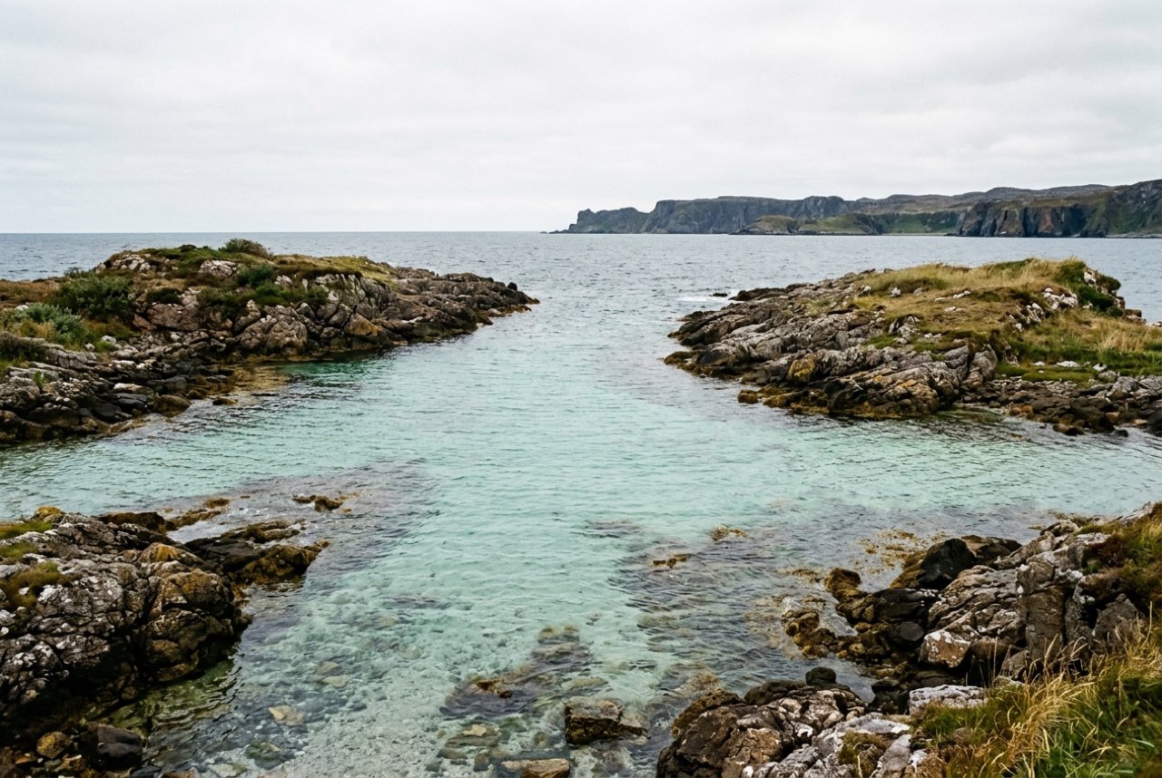 A channel of clear shallow water between two low rocky islands, open sea and a distant headland beyond, bright overcast