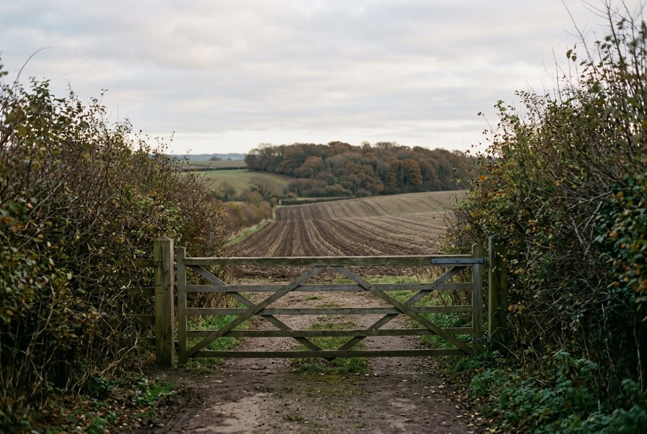 An open five bar gate at the head of a hedged lane, ploughed fields and a wooded ridge beyond, soft afternoon light