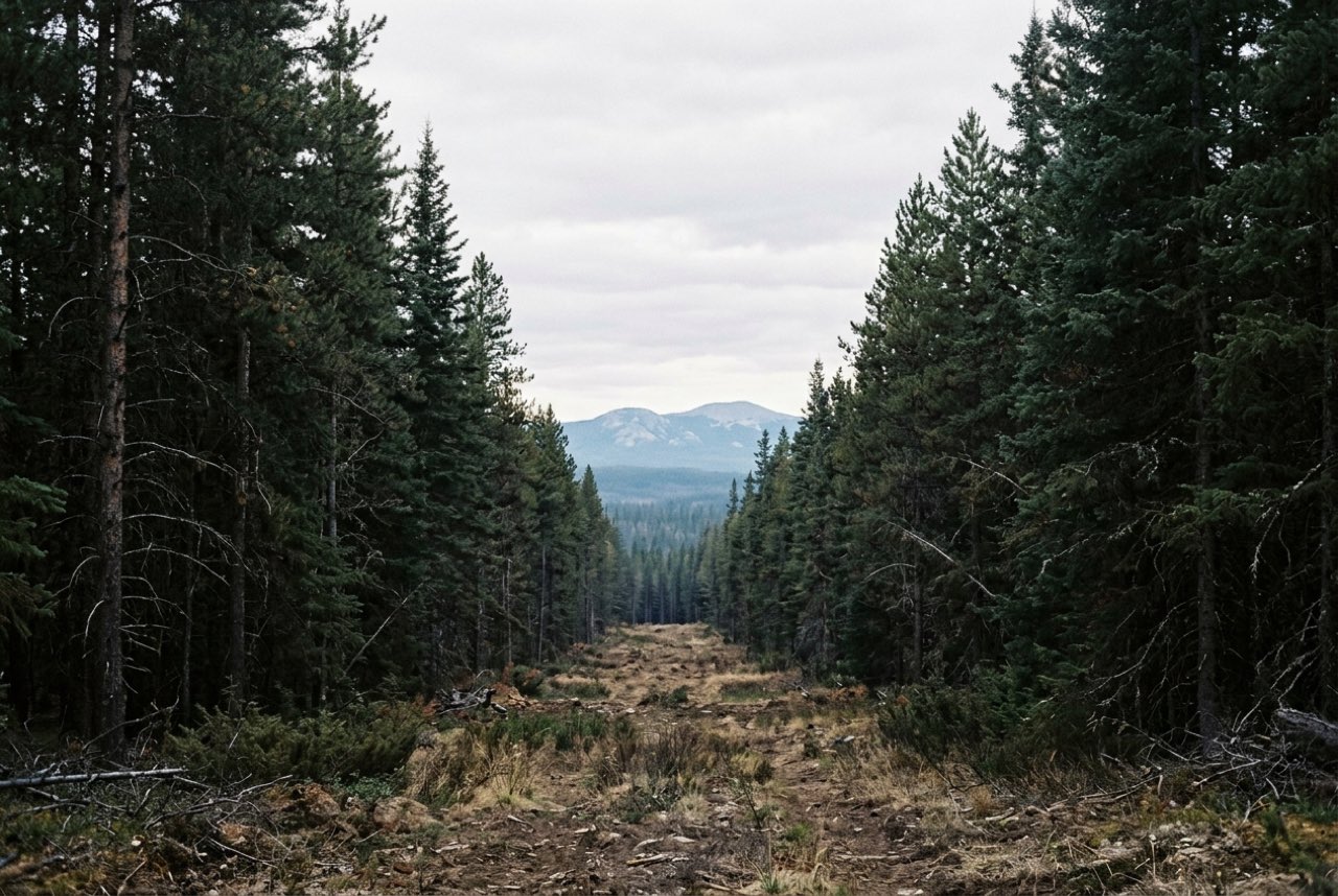A firebreak cut straight through dense dark conifer forest opening onto a pale sky and a distant ridge, cool green shade