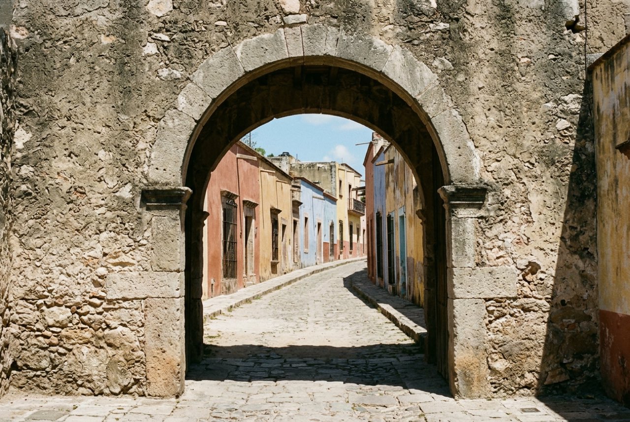 A stone arch in an old Mexican town wall opening onto a street of low pastel houses, hard tropical sun, deep shadow
