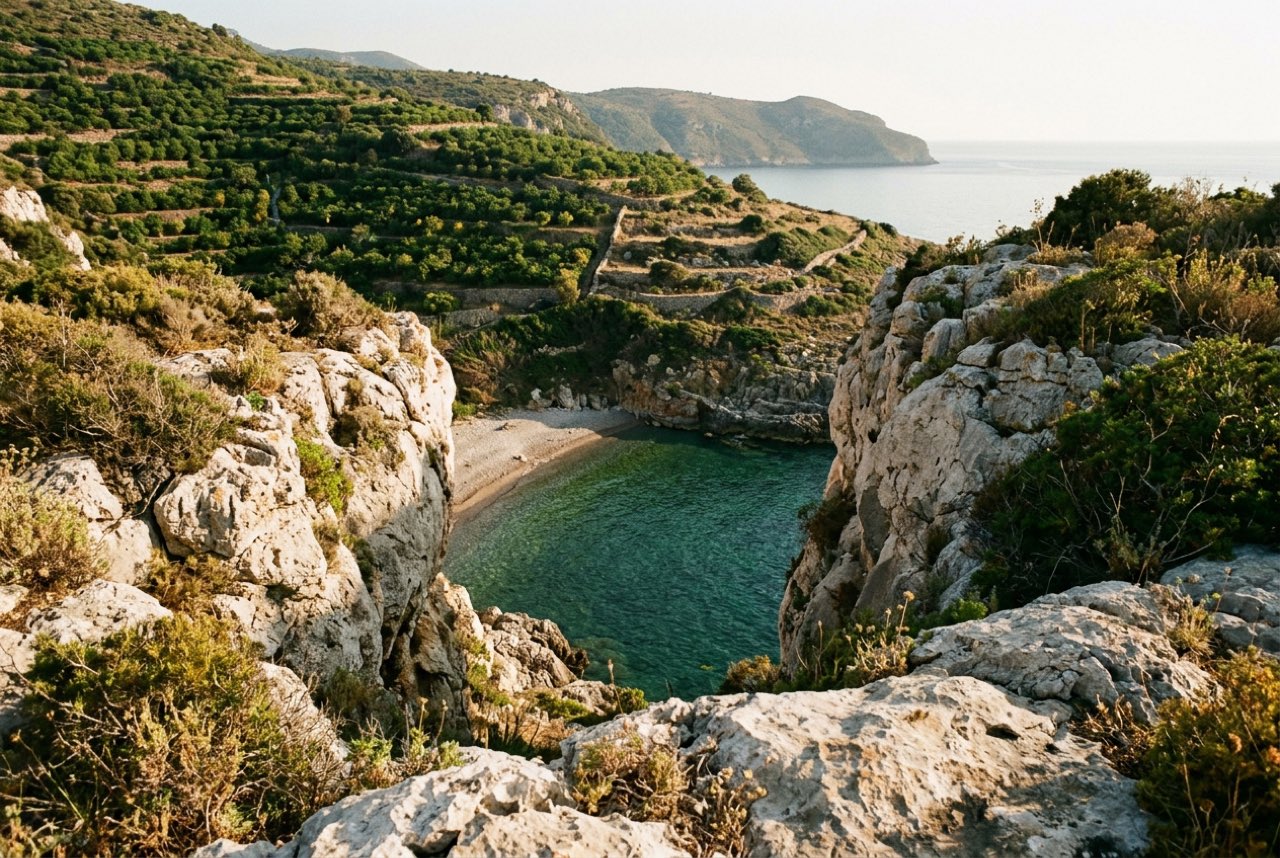 A gap in a limestone headland opening onto a small Tyrrhenian bay with clear green water and lemon terraces above, warm light