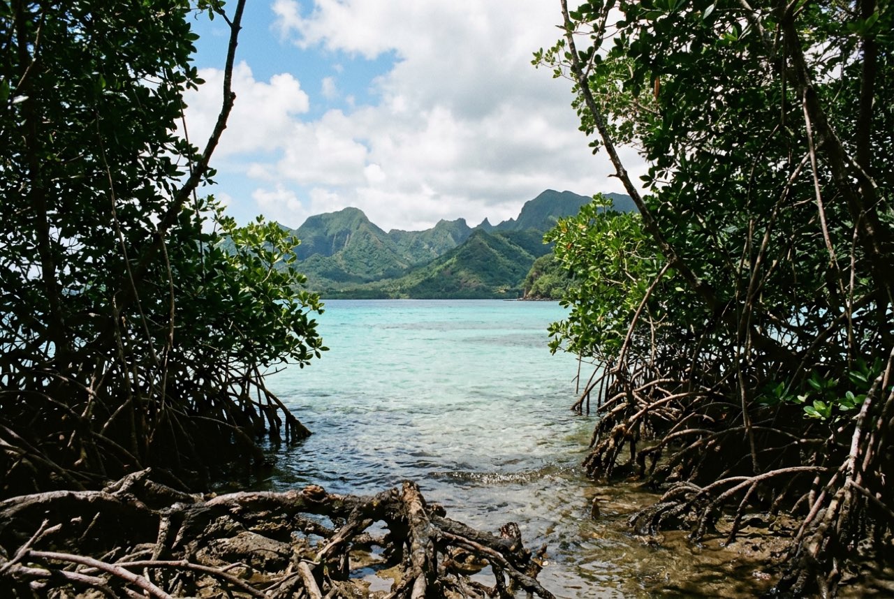 A break in mangrove opening onto a shallow turquoise Caribbean lagoon with a green volcanic ridge beyond, bright cloud