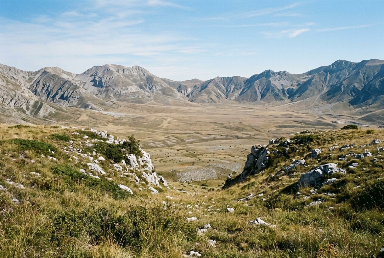 A grassy col in the Italian Apennines opening onto an enormous empty upland plain ringed by bare mountains, clear cold light