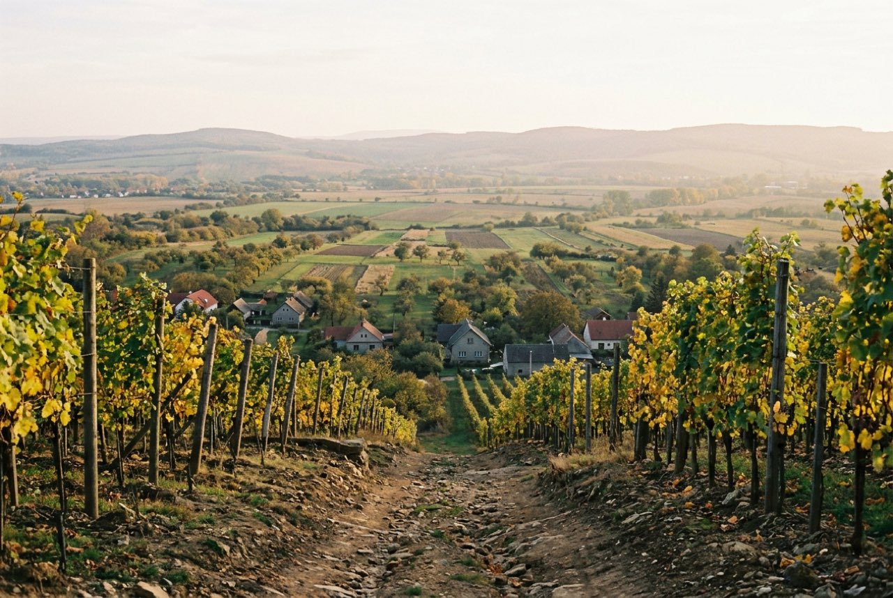 A cut through a Moravian vineyard slope opening onto a valley of small fields and orchards, soft autumn haze, low sun