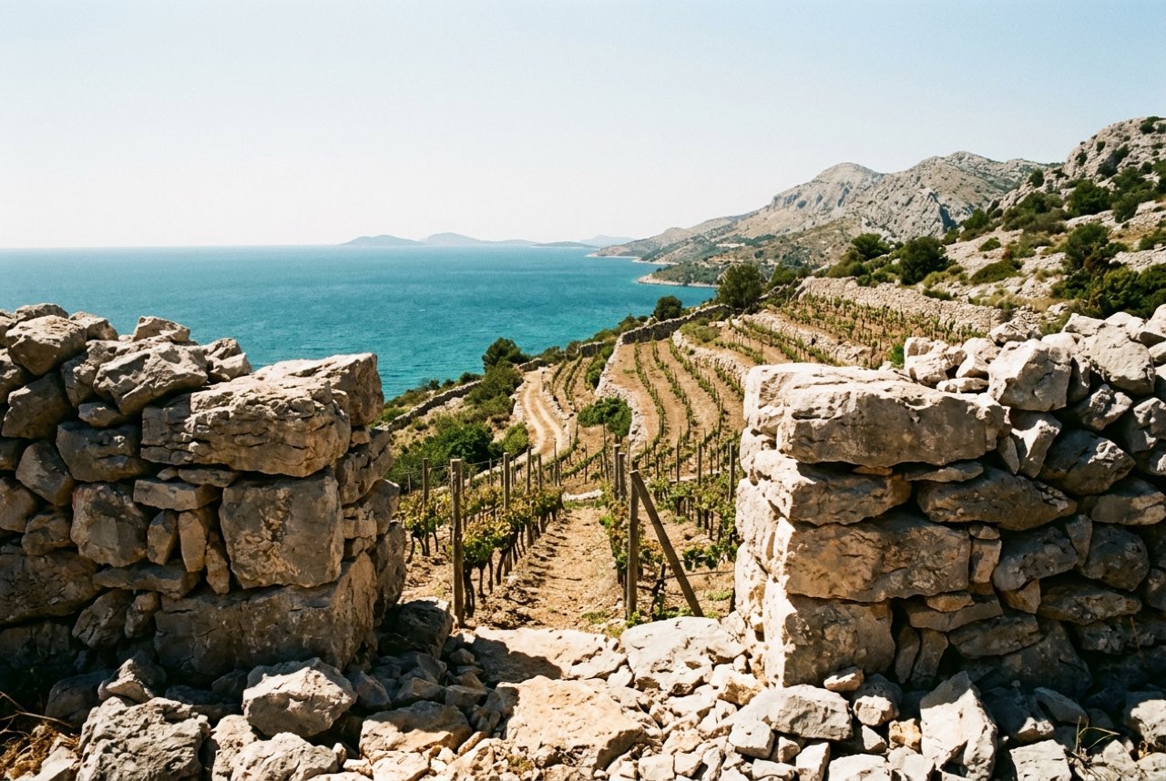 A gap in a Dalmatian stone wall opening onto a vineyard slope dropping to the Adriatic, bare karst above, hard bright light