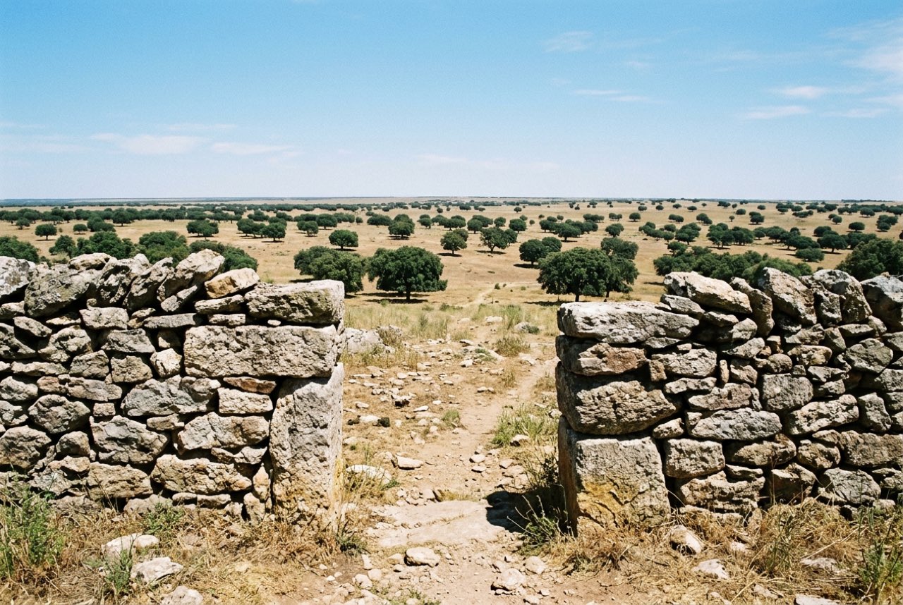 An opening in a dry stone wall on the Spanish meseta giving onto an enormous plain of holm oak pasture, hard clear light